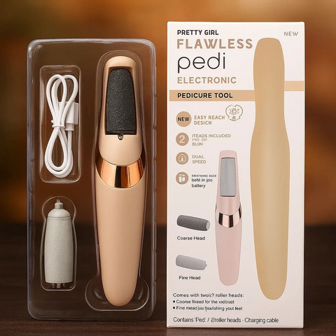 Pretty Grill Flawless Pedi Electronic Pedicure Tool - Rechargeable Foot Care Device with 2 Heads